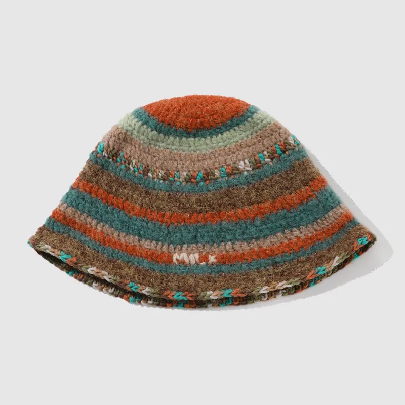 New Arrival Women Colorful Knitted Hand-hooked Striped Bucket Hat For Autumn And Winter crochet knit bucket