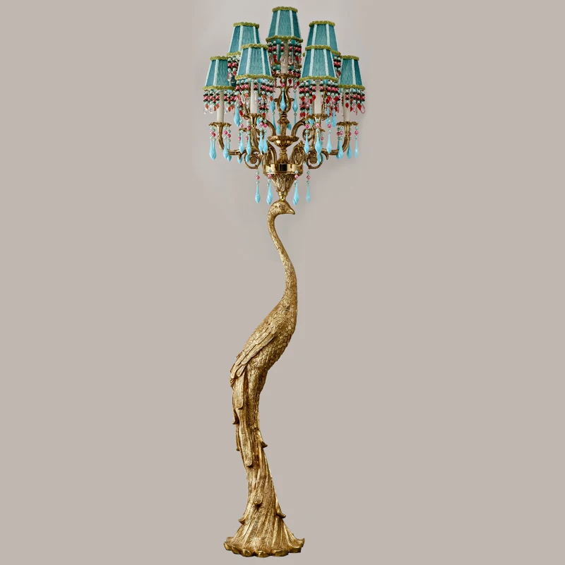 
Castle or empire style brass led animal floor light with green lampshade and amazing design luxury vintage peacock lamp standing 