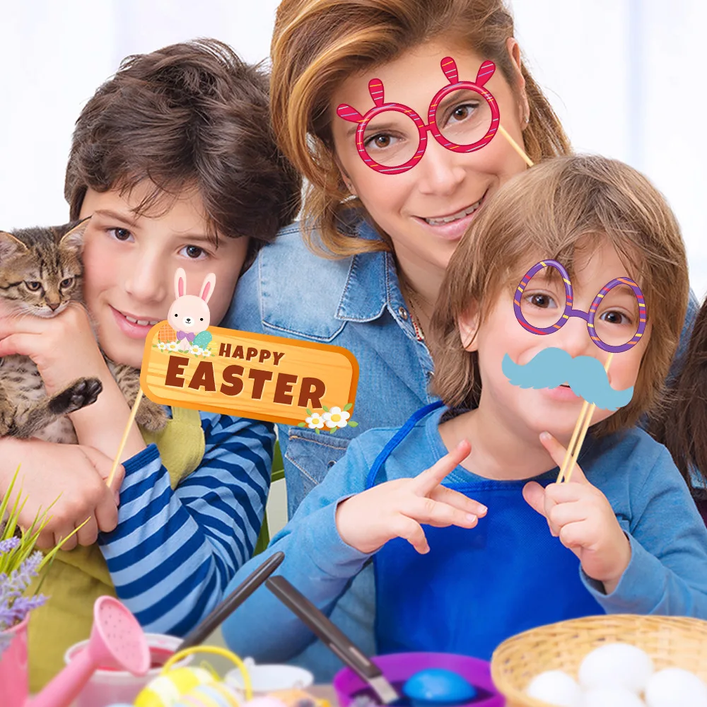 Good Price Happy Easter Photo Booth Props Bunny Eggs 25 PCS Party Selfie Props Kit with Sticks