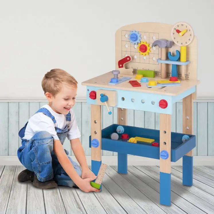 Multi-Functional Wooden Tool Set Plastic Workbench Table for Kids Educational Pretend Play Game Construction Tool Toys