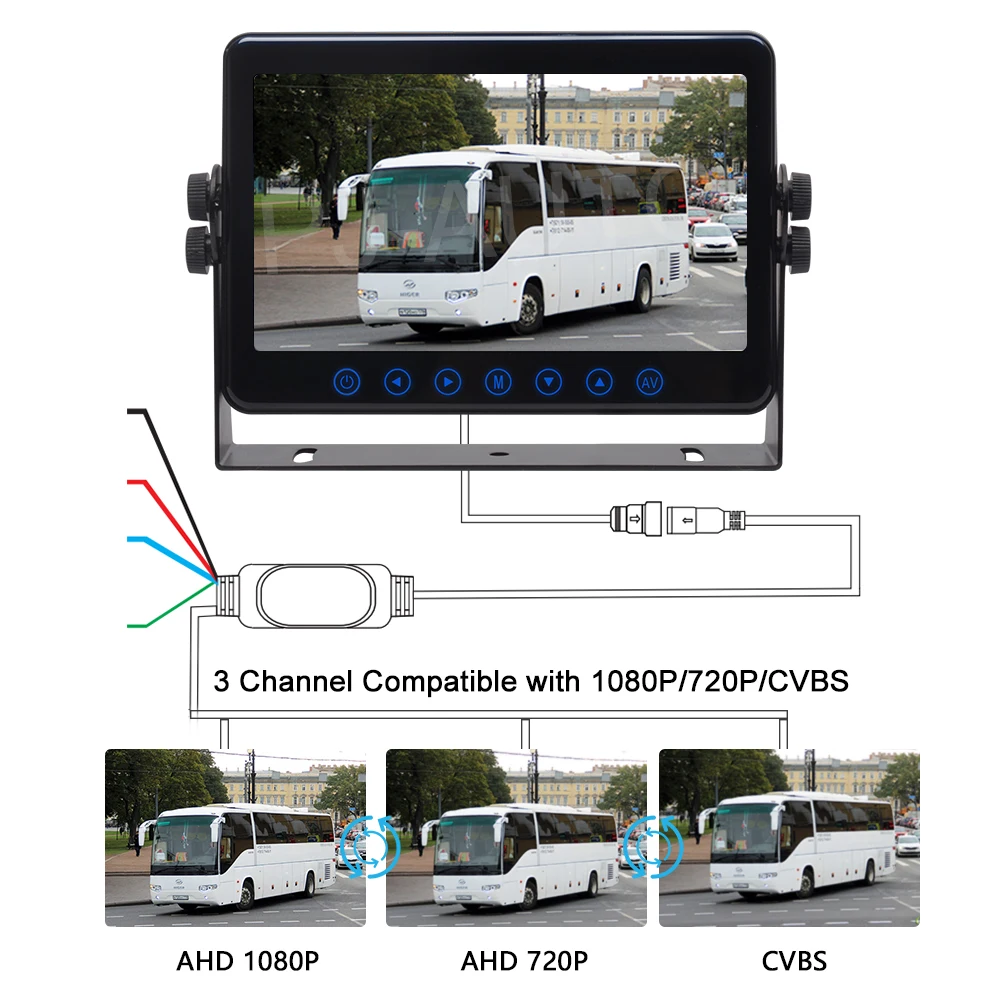 PJAUTO 7 Inch AHD Heavy Duty Monitor Rear View Touch Button Monitor Full Glass Surface Van RV Bus Monitor