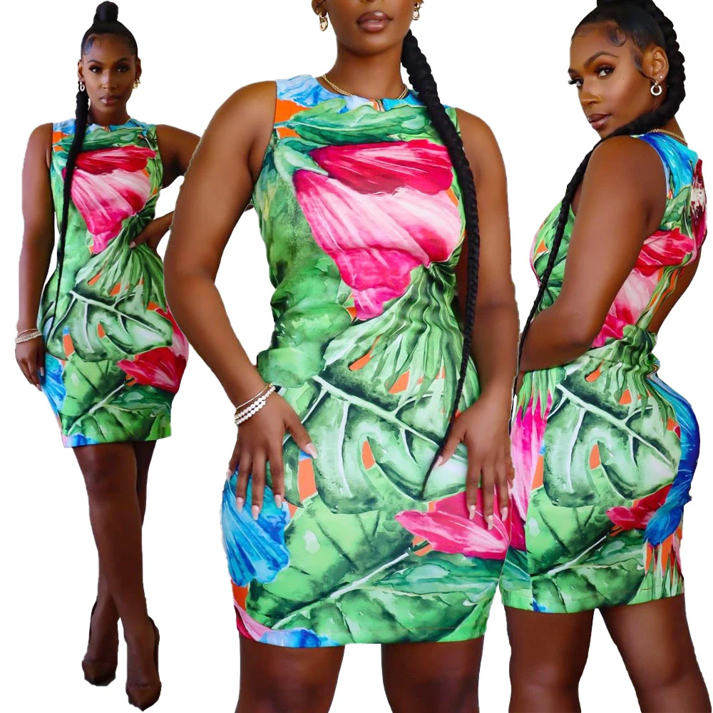 2022 Africa black girls vintage green red flower print mini dress women summer sleeveless satin sexy casual slim fit dress
