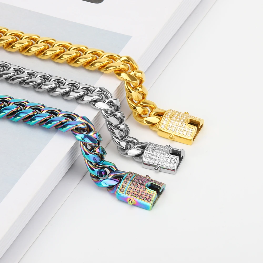 Мужской золотой браслет в стиле хип-хоп с кубинской цепочкой из нержавеющей стали алмазной пряжкой циркониевым камнем 18 карат позолоченные ювелирные изделия