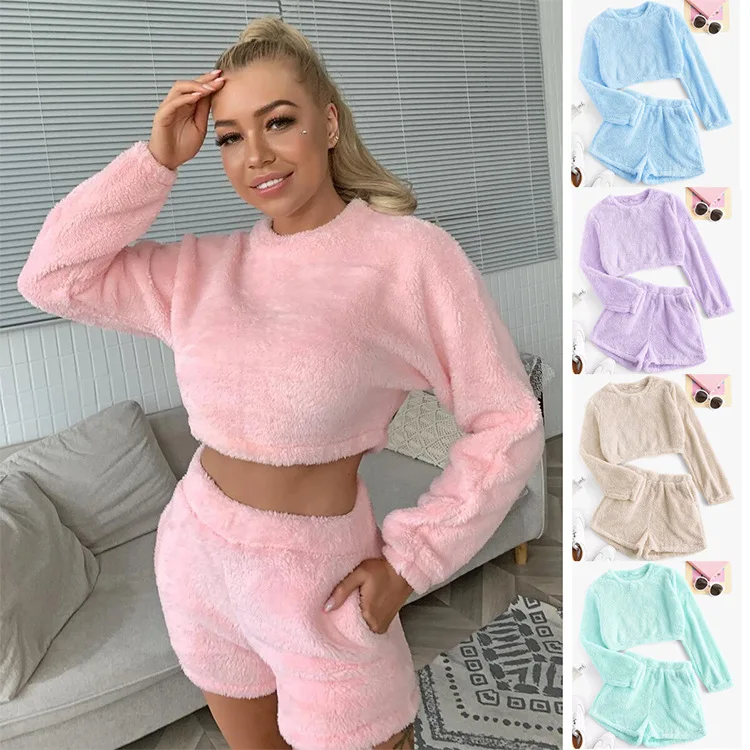 Free shipping Hot selling High waist long sleeve shorts rest home leisure coral velvet suit Pajamas shorts set