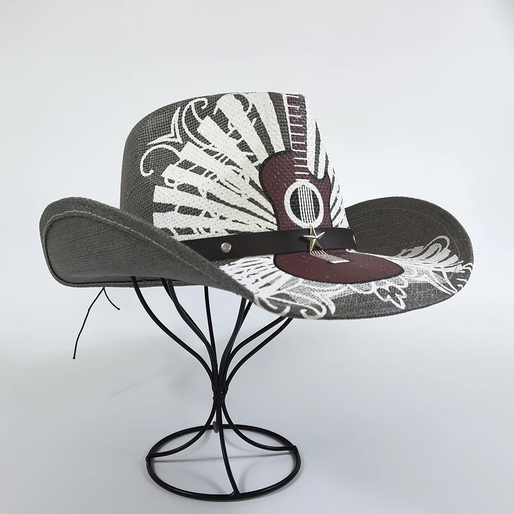 Stock Men Straw Cowboy Hat American Western Texas Straw Hat Shapable Brim Sombreros Guitar Painting Women Straw Cowgirl hat