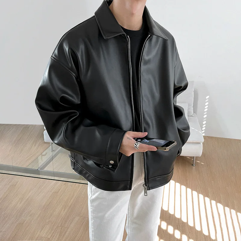 2024 S Korean Style Autumn PU Leather Casual Baseball Uniform Motorcycle Jacket Trendy Men coats