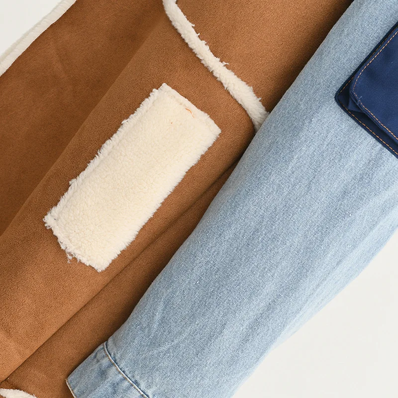 Women Jean Wool Jacket Patchwork Cropped Cardigan Hoodie Trench Coat Women Winter Fur Coat Fur Jacket