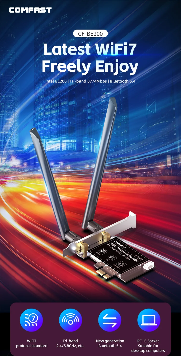 COMFAST  BE200 Network Card Server 8774Mbps Intel WiFi 7 802.11be PCIe WiFi Key Riser External Wireless Ethernet Adapter