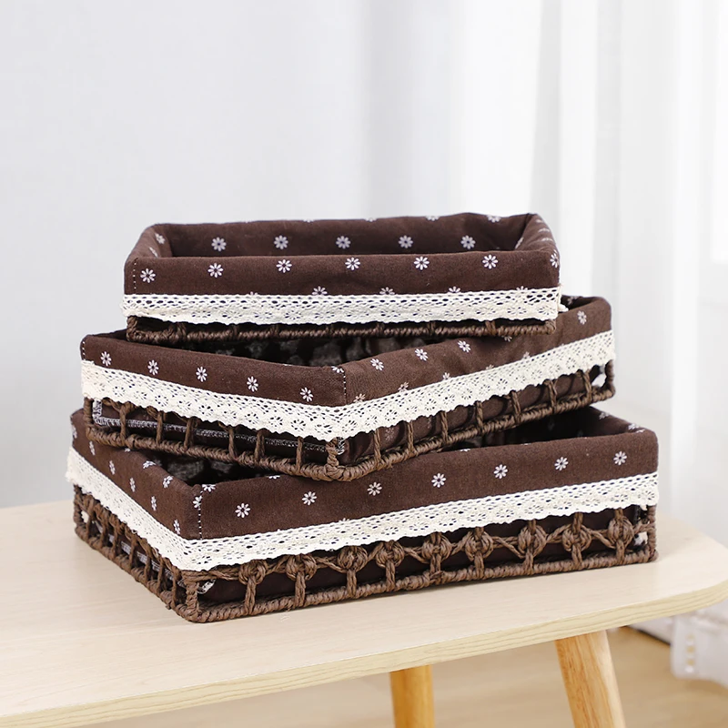 Kingwillow Set of 3 Household Natural Paper Twine Baskets with Handles For Countertop Home Office Storage