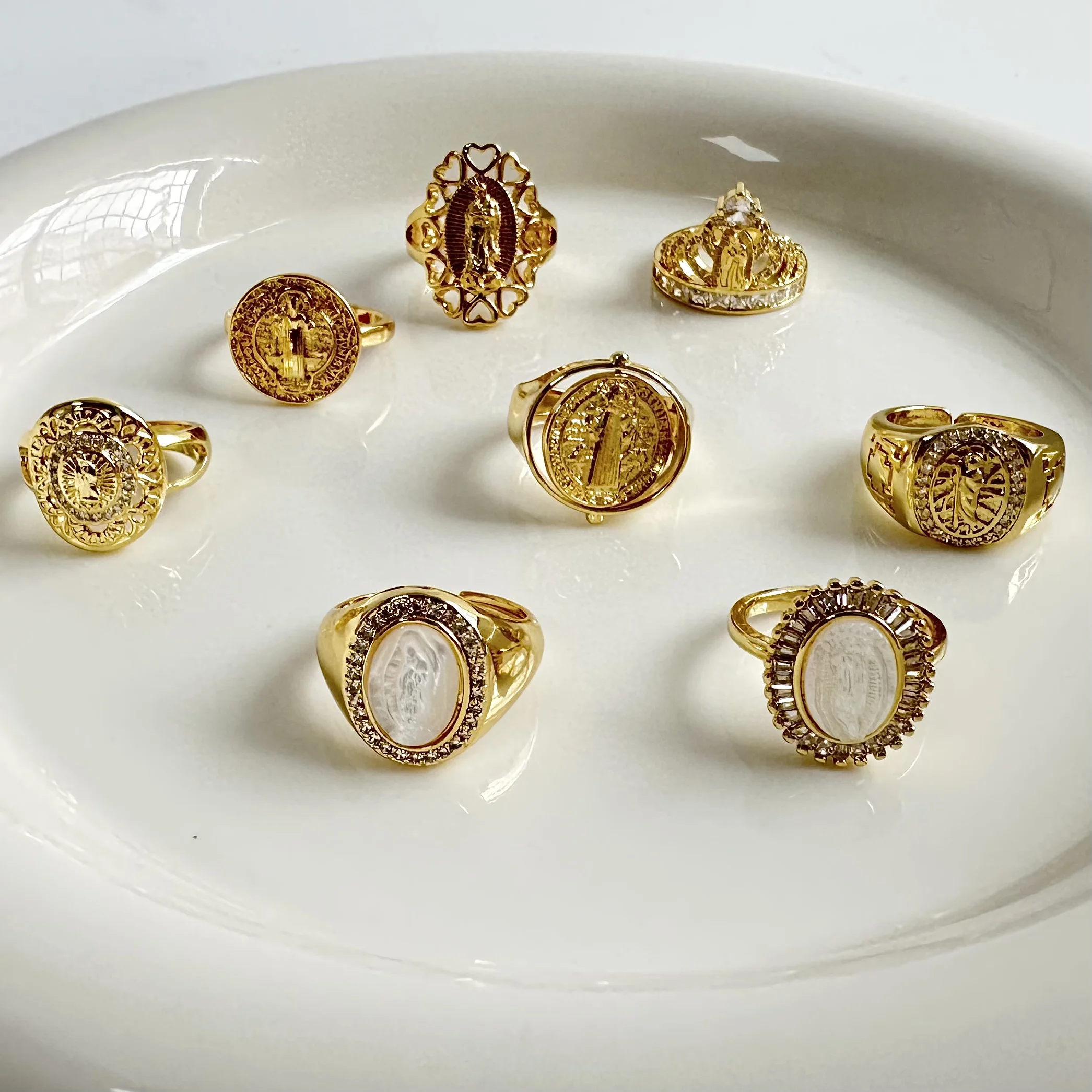 Jewelry Virgin Mary Religious Ring Colorful Zirconia Personalized 18K Gold Plated Oro 14K Brass CHRISTIAN Zircon Gua 10pcs