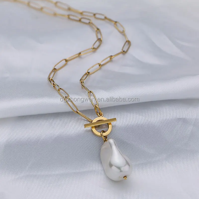 Zhongwen Fashion 18k Gold Plated Tarnish Free 316L Stainless Steel Big Fresh Water Pearl Necklace With OT Clasp
