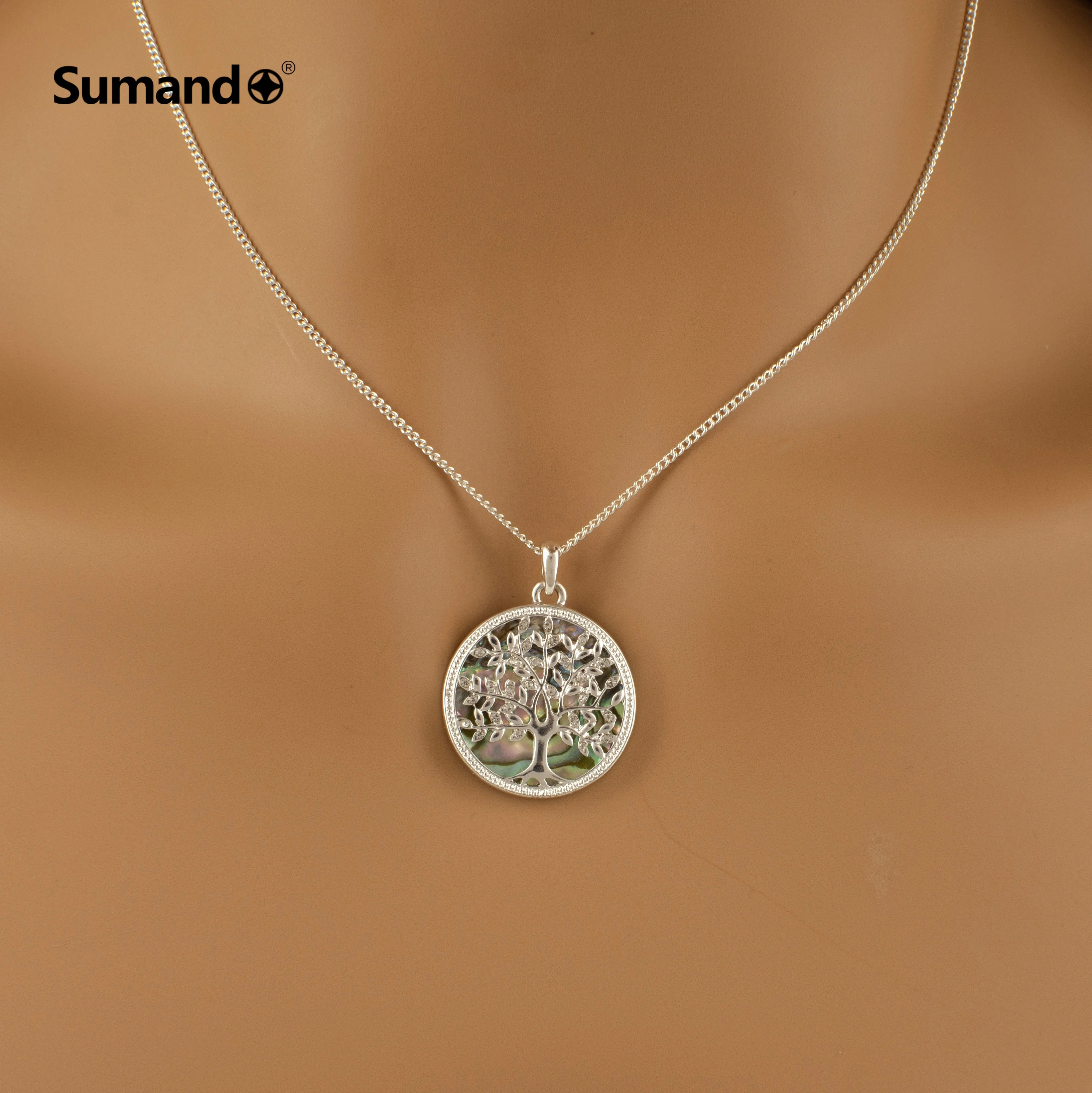 Sumando fashionable crystal tree of life choker abalone shell pendant necklace