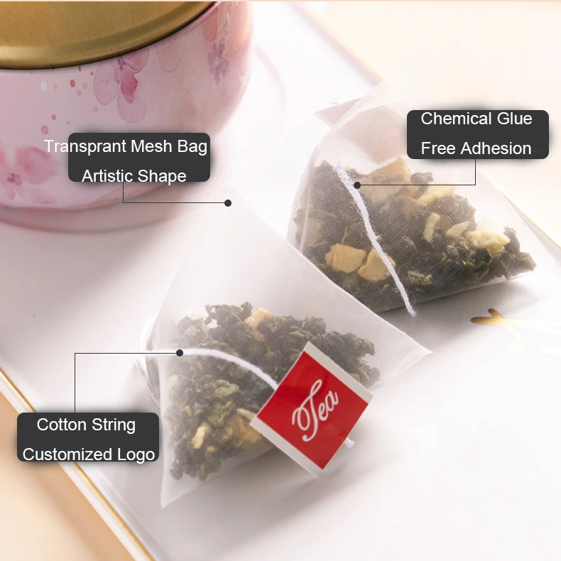 PLA Biodegradable 3-Side Seal Empty Teabag Pyramid Bags Pre-Tagged Corn Fiber Tea Sachets with Thread