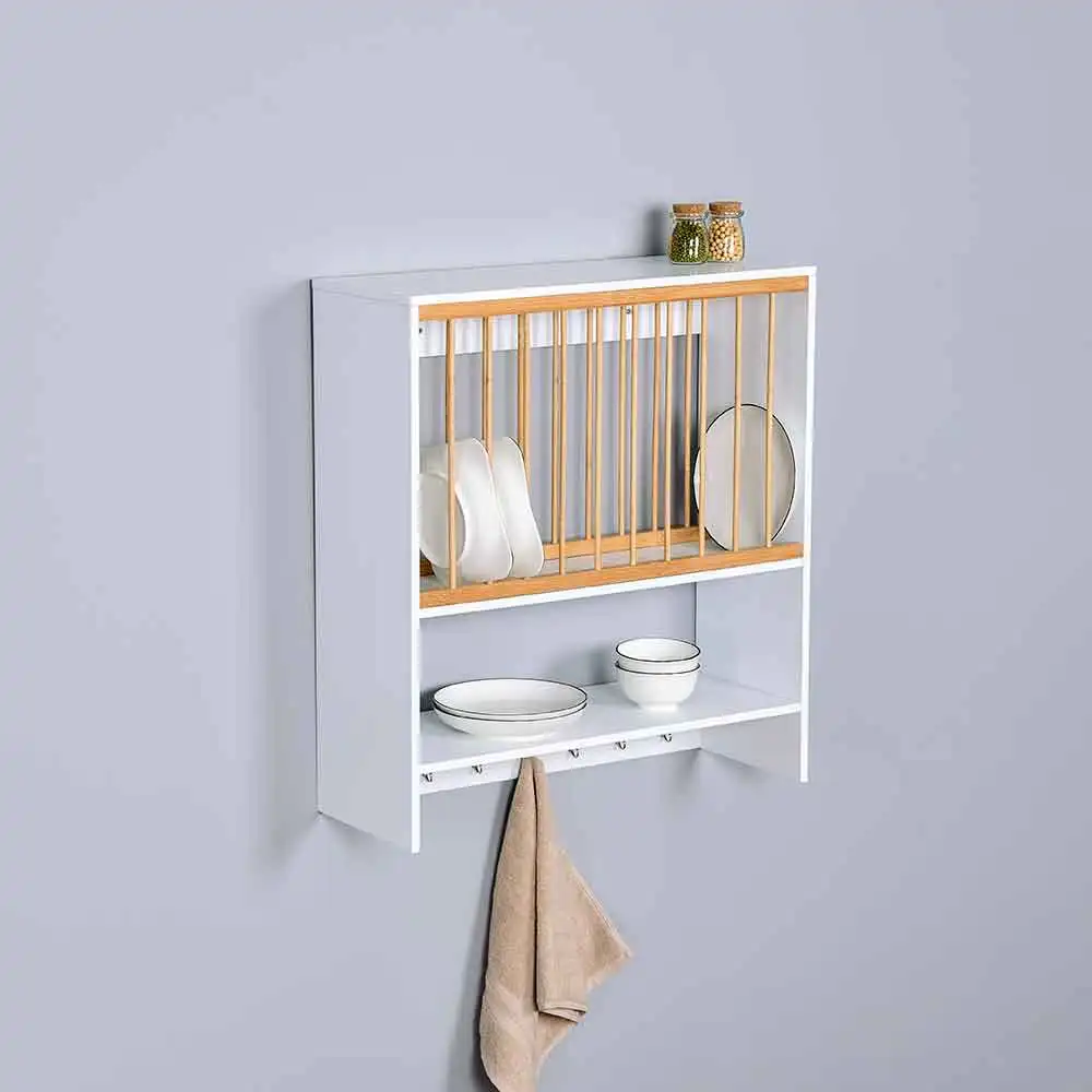 Kitchen Organization Tableware Holder Wooden Wall Mounted Hanging Bamboo Dish Drying Rack Drain Plate Rack Drainer With Hooks