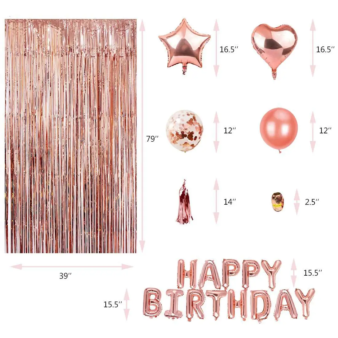Happy birthday rain silk tassel curtain set rose gold birthday decoration balloon