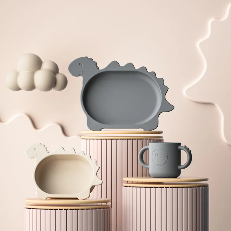 New Arrivals Bpa Free Eco-Friendly Newborn Food Grade Silicone Cute Kids Dining Tableware Suction PlateBowl Cup Baby Feeding Set