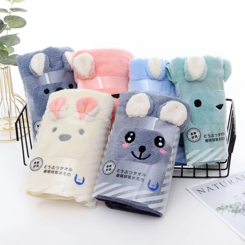 Custom Super water absorption quick-dry microfiber coral fleece towels cartoon embroidered towels