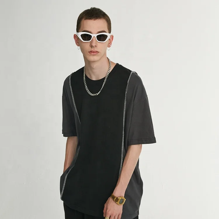 Wholesale Contrast Color Short Sleeved Plenty Stock Black Khaki Patchwork Design Plain Wholesale t Shirts