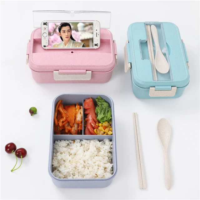 New arrival leak proof microwavable lunch box with 3 departments food with spoon and fork large capacity for kids and adults