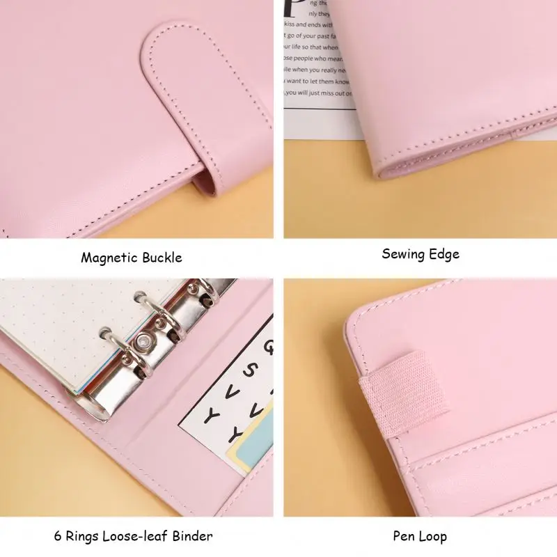 In Stock Colorful Multi Accessories PU Leather Loose Leaf 6 Rings A6 Budget Binder with Magnetic Buckle Closure