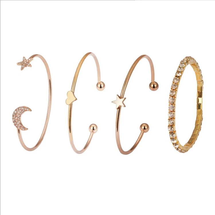 Best selling Yiwu Jewelry Fashion Star Moon Diamond Bracelet Glossy Heart Lady Bracelet Gold and Silver Four-piece Jewelry