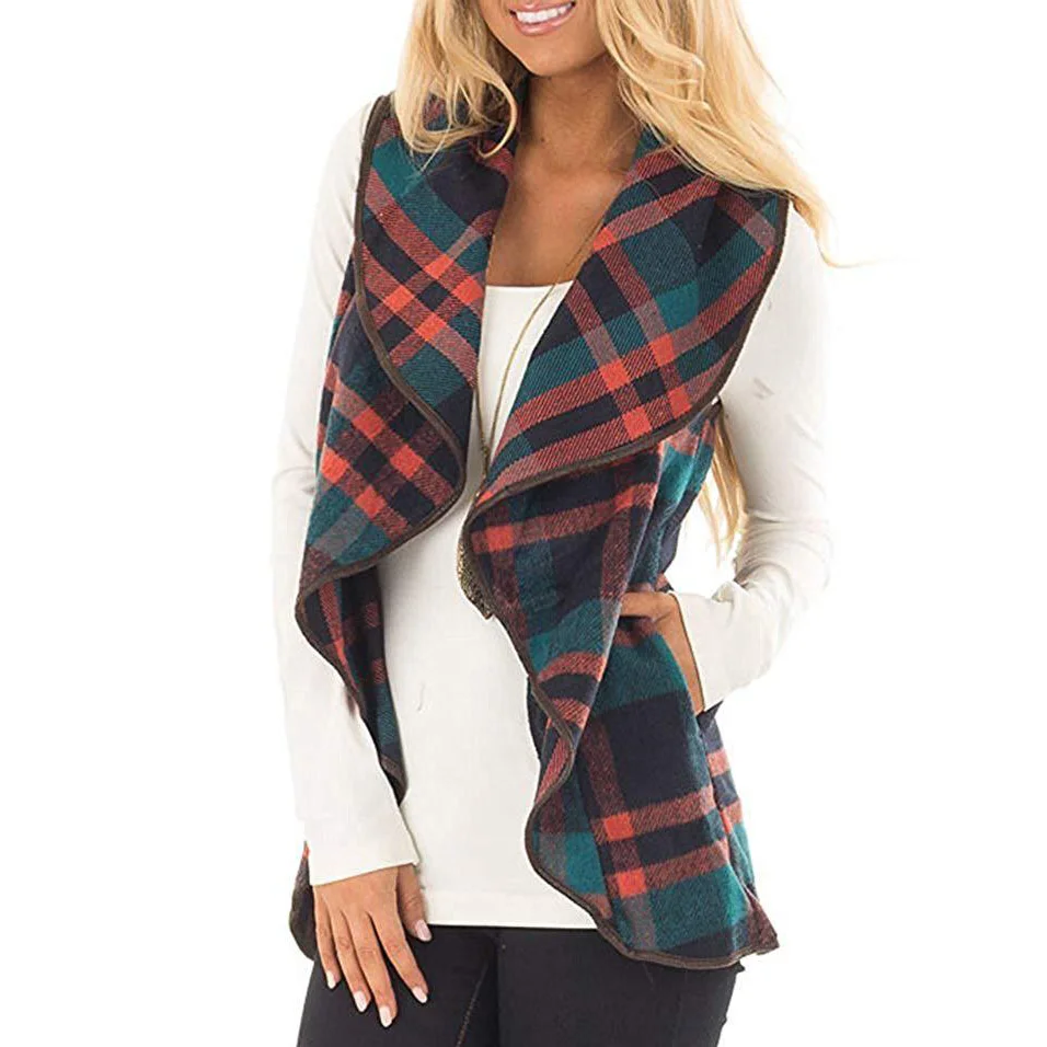 Wholesale Fashion Women Outwear Waterfall Asymmetrical Hem buffalo Long Plaid Vest Coat