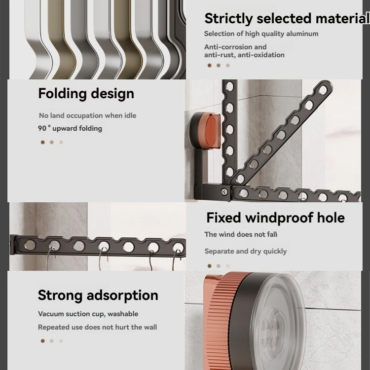 Heavy-Duty Wall Mounted Aluminium Clothes Rack Folding Design with Vacuum Suction Cup for Laundry Drying Metal Tool