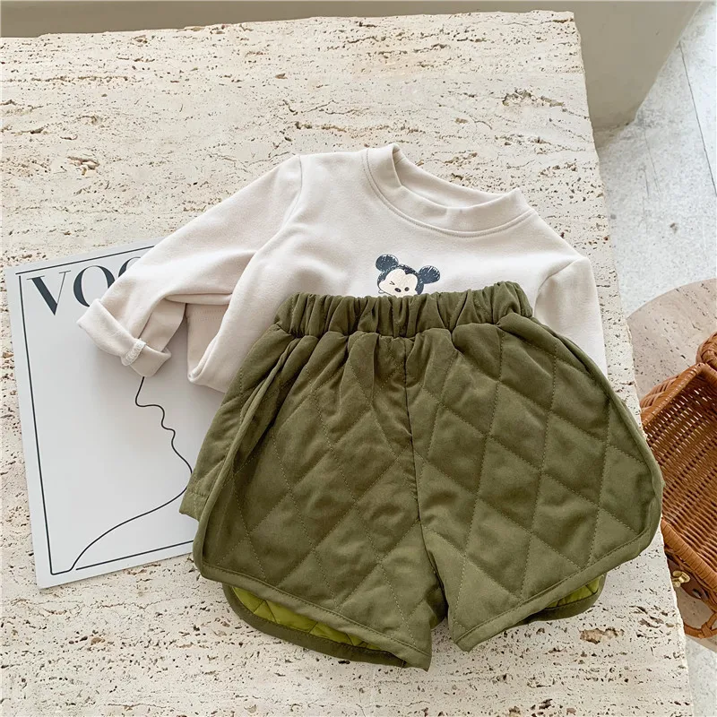 Shorts Girls Elastic Waist Plaid Pockets Winter Thicker Fashion Warm Korean Style Loose Boys Pants