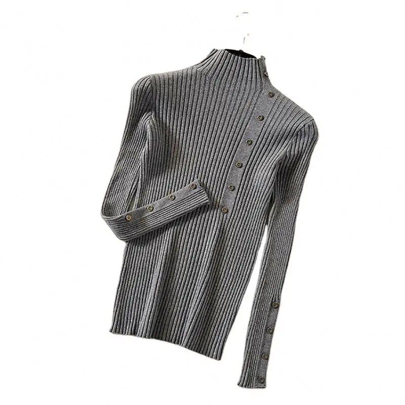 1 Women Knitted Slim Sweaters Solid Knitted Female Cotton Soft Elastic Color Pullovers Button Full Sleeve Turtleneck 21428