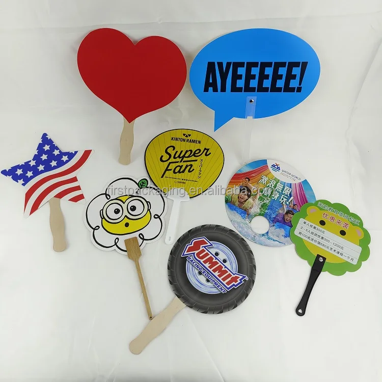 DIY Custom Full Color Printed Wooden Handle Round Shaped Paper Paddle Hand Held Fans