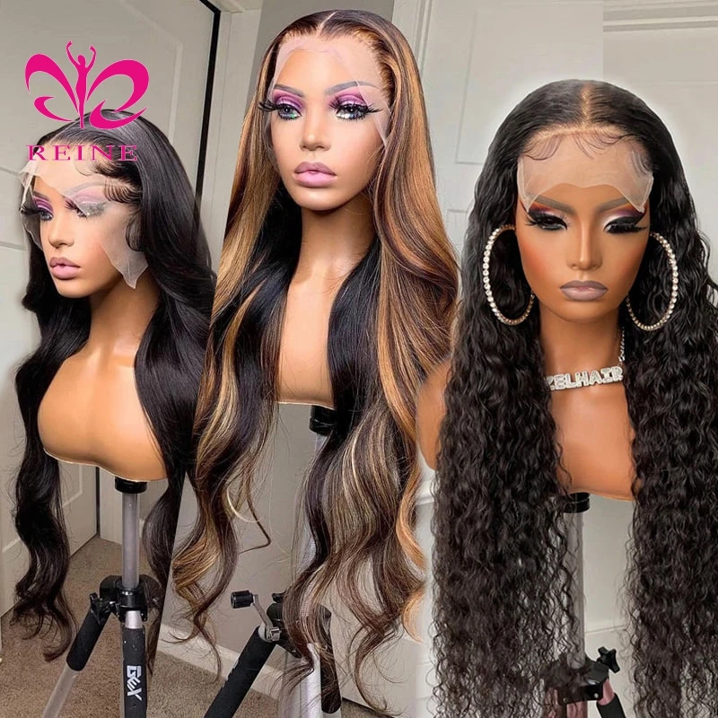 REINE Design Honey Blonde Highlight Wigs,Color 4/27 Highlight Lace Frontal Human Hair Full Lace Frontal Wigs,Brown Highlight Wig