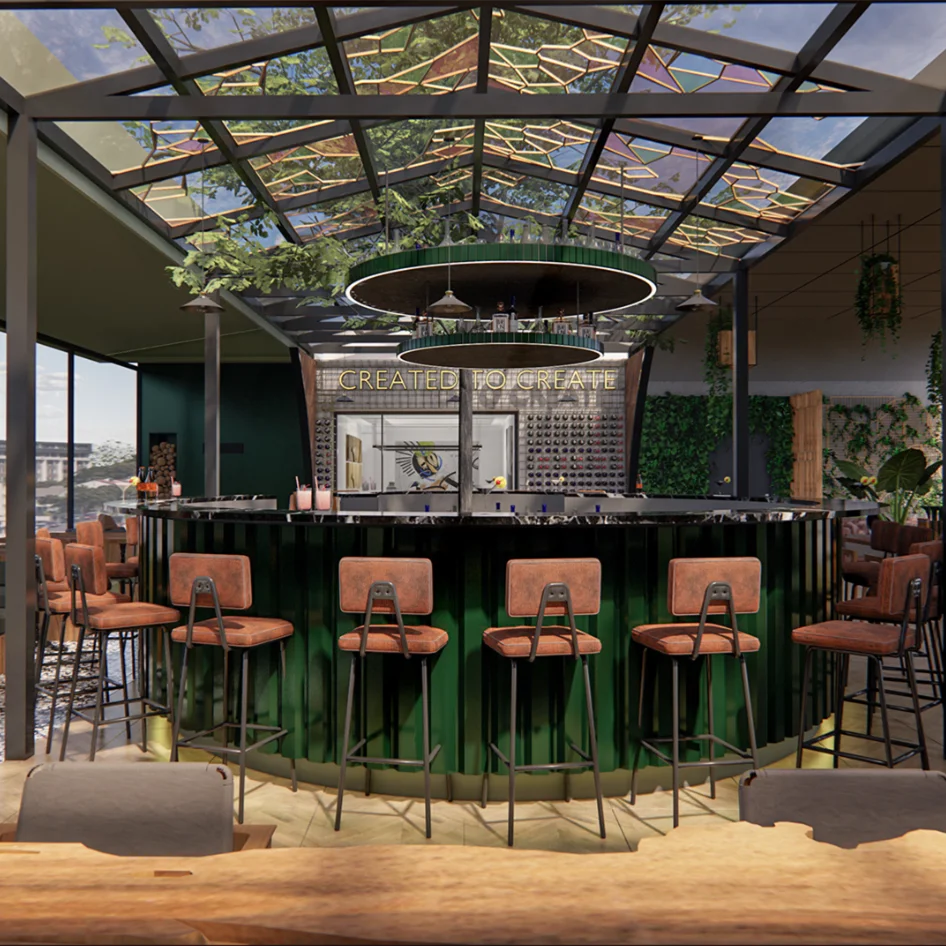 Modern PUB interior decoration display custom forest style bar table round marble wooden restaurant bar counter