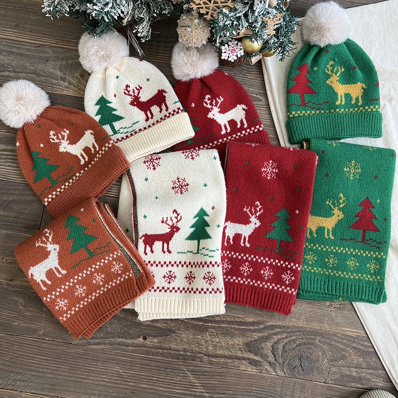 Sayoung Warm Winter Hat And Scarf Set Cute Sweet Printing Colorful Christmas Tree And Deer For Boys Girls Kids