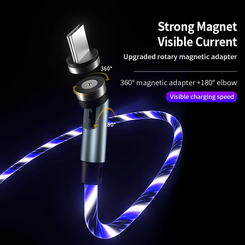 
Lm3B Amazon Top Seller 540 Rotation Type C Fast Universal Usb Magnetic Phone Charger Cable Led Luminous Flowing Micro Cable 