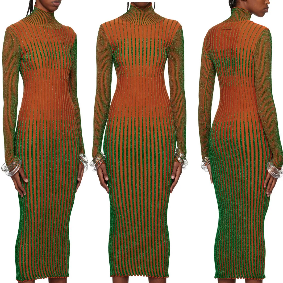 Midi Dress RIB Knit Extrafine Merino Wool-blend Dress Long-sleeved Merino Wool dress with Lurex Ribbed Trutlenck