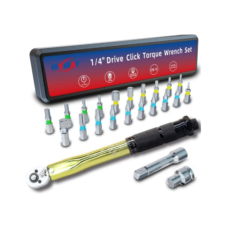 USA Free Ship Gold New Style 23-piece 1/4' 20-200in.lb Torque Wrench Tool Set DIY Household Repair Hand Tools Gift Toolbox