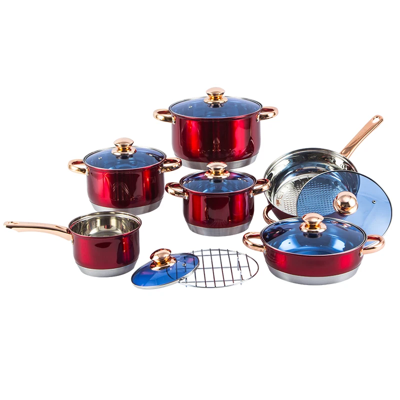 Customized Gold Plated Handle Stainless Steel Large Cooking Pot Pan Home 13 pcs Non Stick Cookware Set kitchen