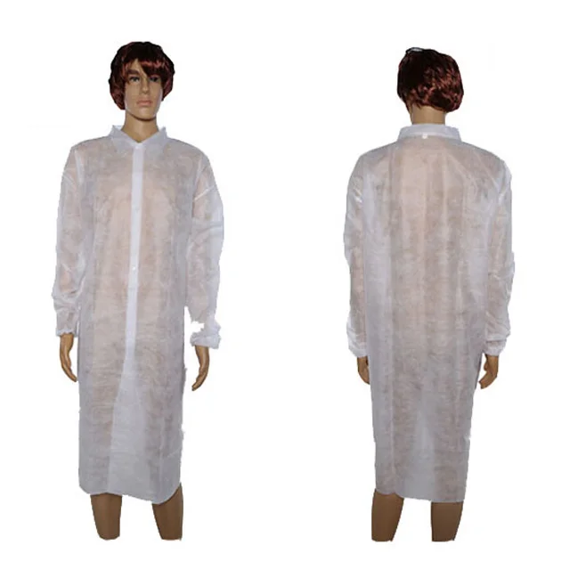 Customized Nonwoven Disposable Blue Lab Coat Apron with Pockets Knitted Collar Cuff  for Food Industry