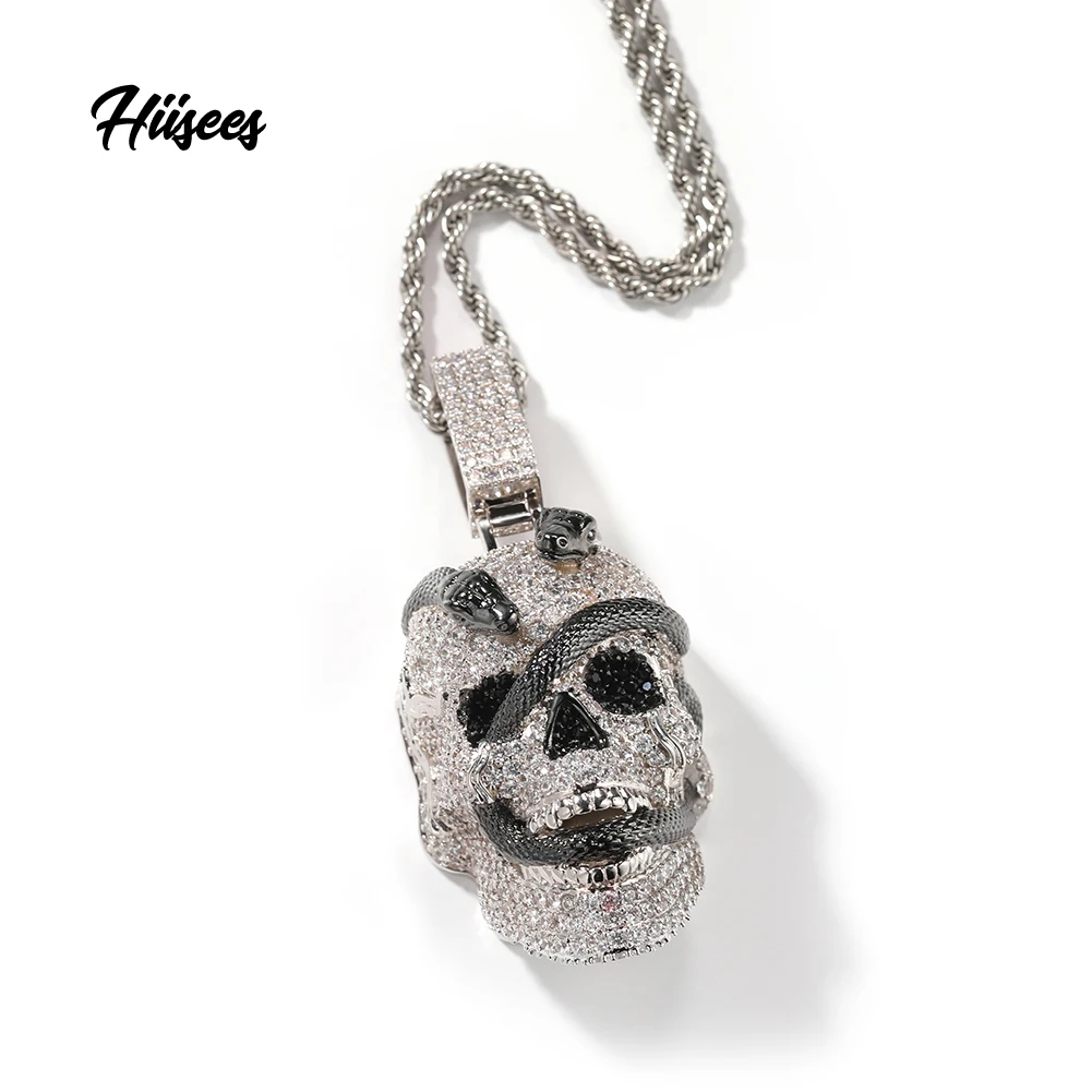 New black diamond skull pendant Snake iced out hip hop pendant scary sparking necklace jewelry for men