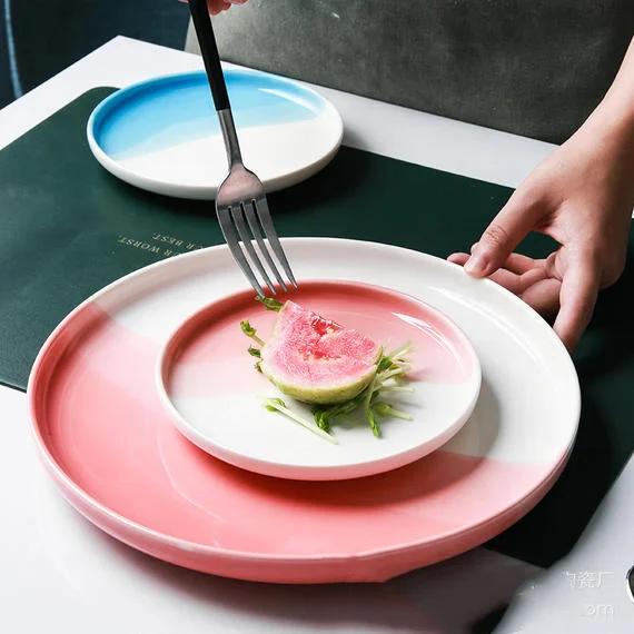 Table ware Nordic Creative Steak Round Charger Plate Blue Pink Ceramic Dishes Plates