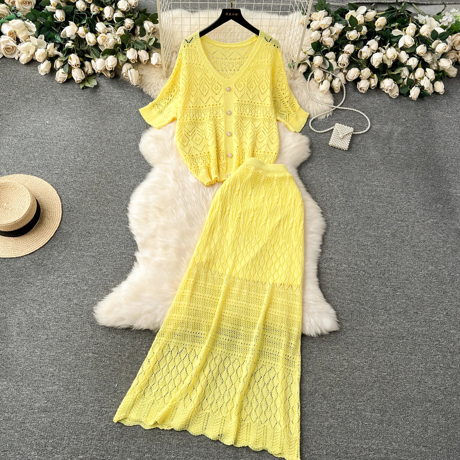 Summer Korean 2 Piece Set For Women Top And High Waist Knitted Skirts Set Clothing Wholesale