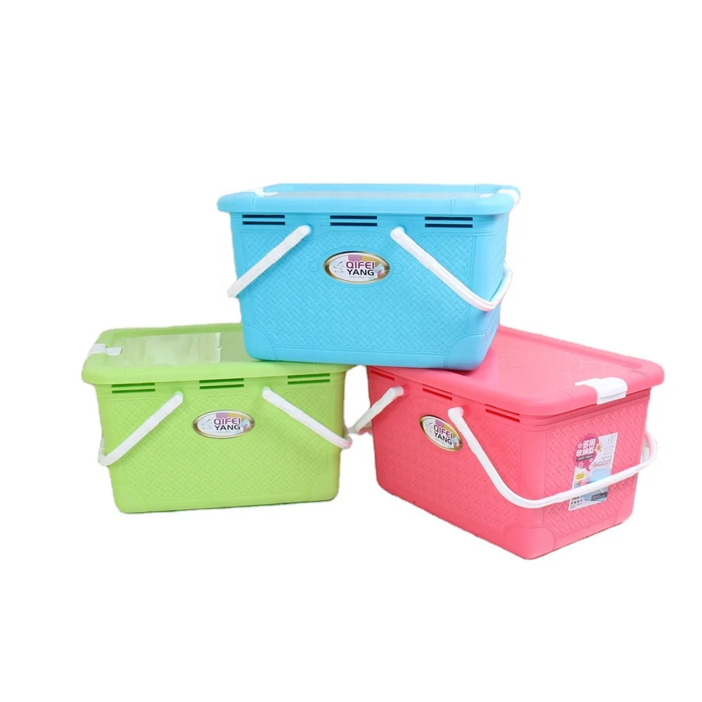 Хит продаж цветная корзина для хранения ручная портативная пластиковая из ротанга с крышкой пряжкой