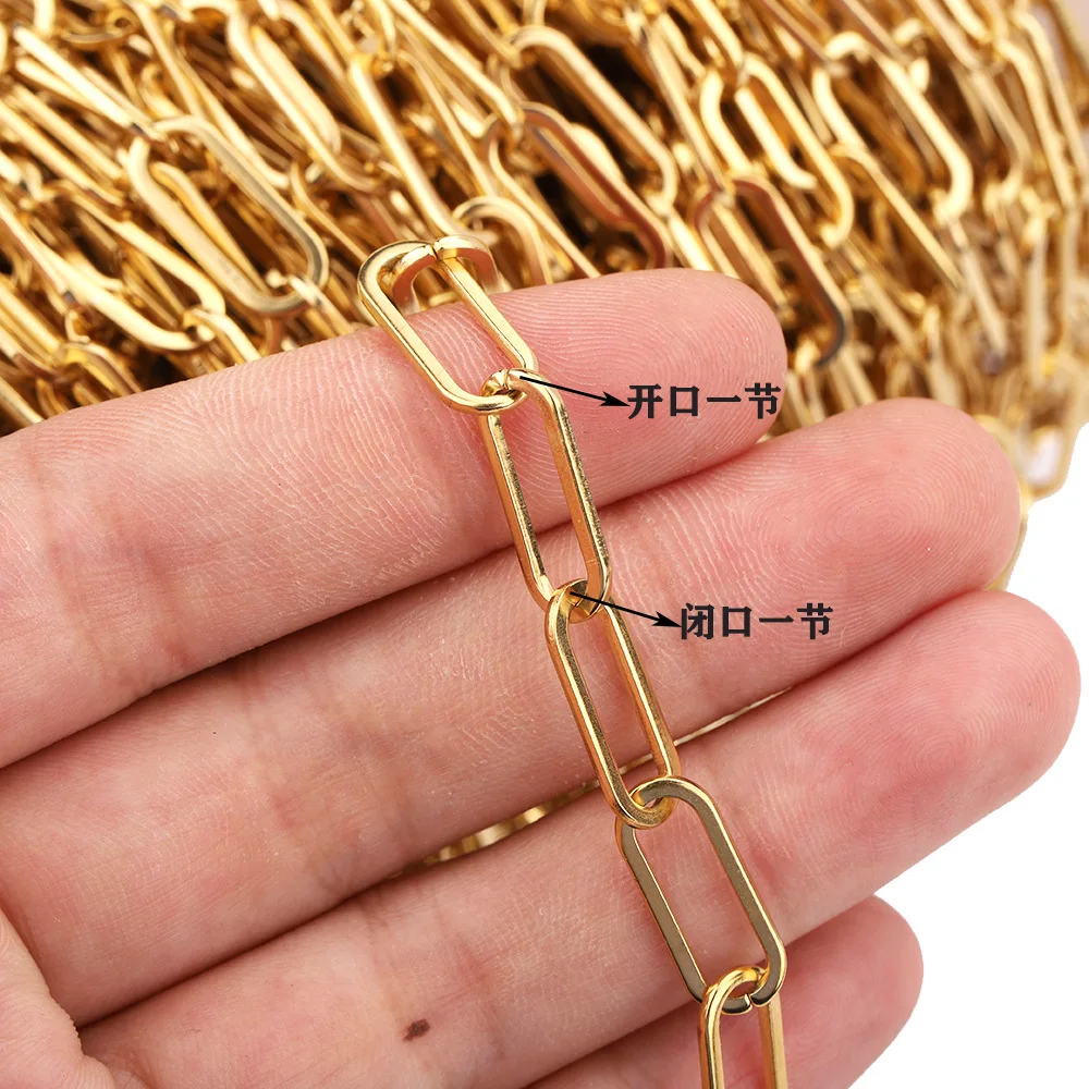 6.5mm Wide stainless steel Golden clip chain Long oval flat cable diy Decoration accessory chain