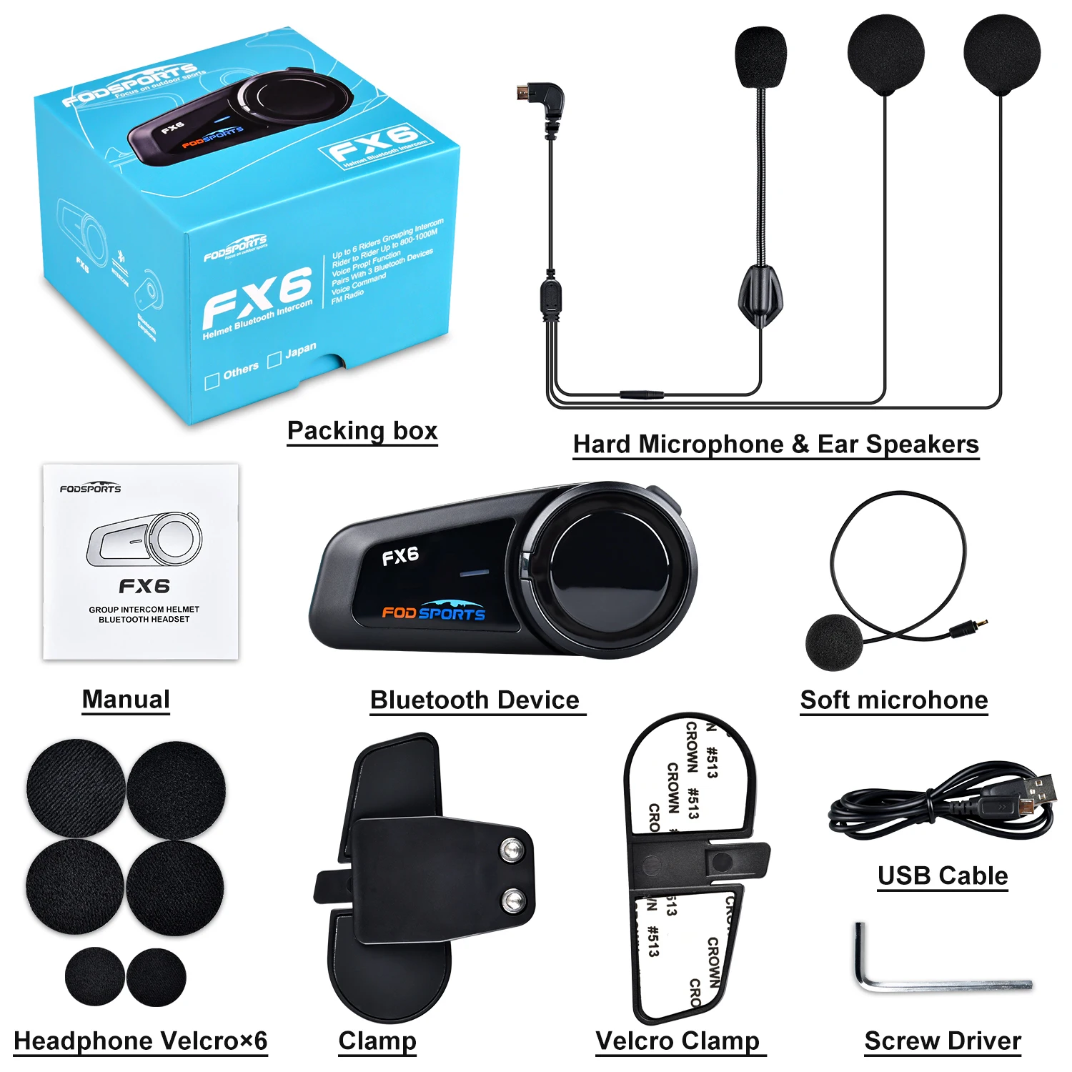 Fodsports FX6 6 Riders intercomunicador para moto bluetooth Interphone Full Duplex motorcycle helmet intercom Headset