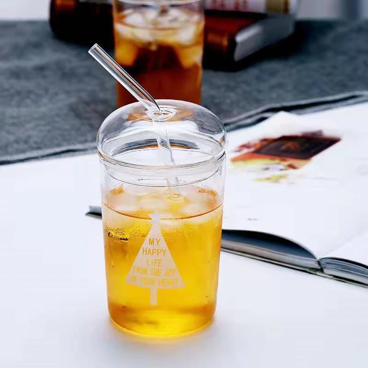 Clear Glass Cup With Drinking Straw Heat Resistant High Borosilicate