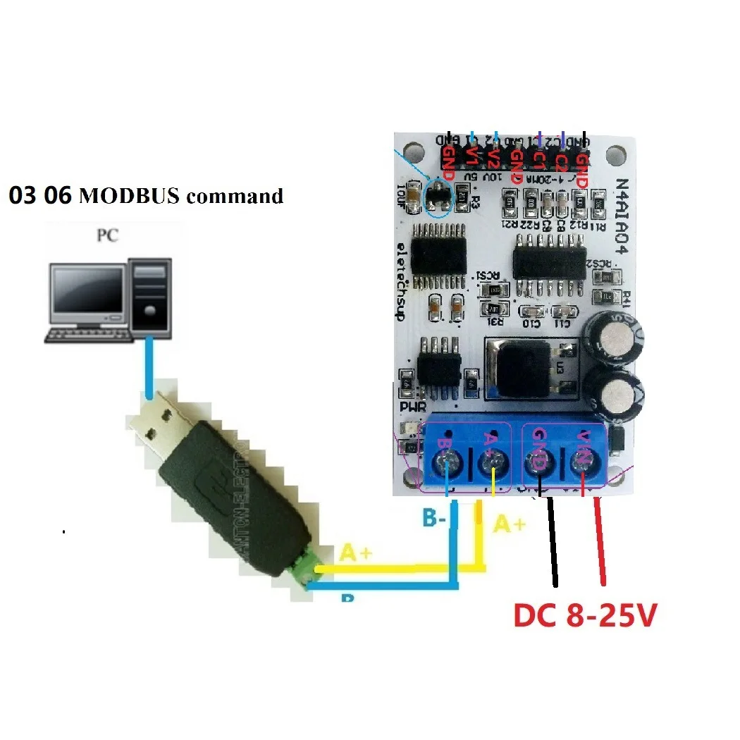 4-20MA RS485 Voltage and Current Analog Data Collector ADC Modbus RTU 03 06 Function Code