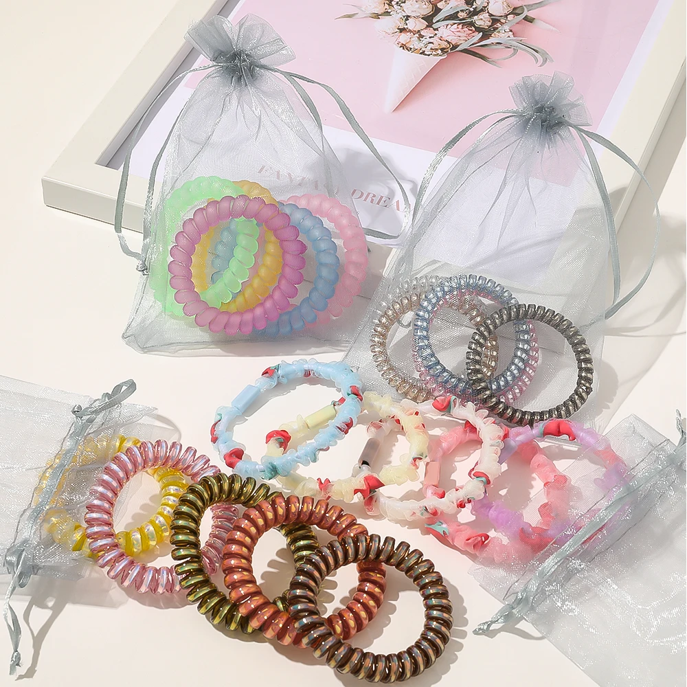 5Pcs Candy Color Elastic Telephone Scrunchies Coiled Hair Ties Wire Telephone Line Hair Tie Set