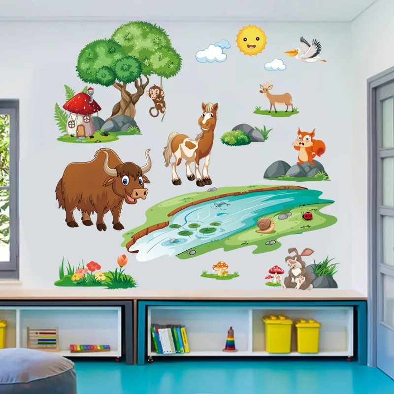 Little Horse Crossing the River Wall Sticker Cartoon animals  Decals  Living Room Decorative Wallpaper