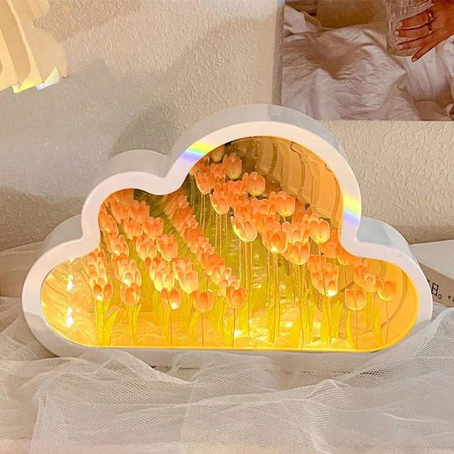 Tulip Night Light Cloud Mirror Tulip Lamp DIY Tulips White Clousd Lamp LED Flower Table Light Bedroom Decorative