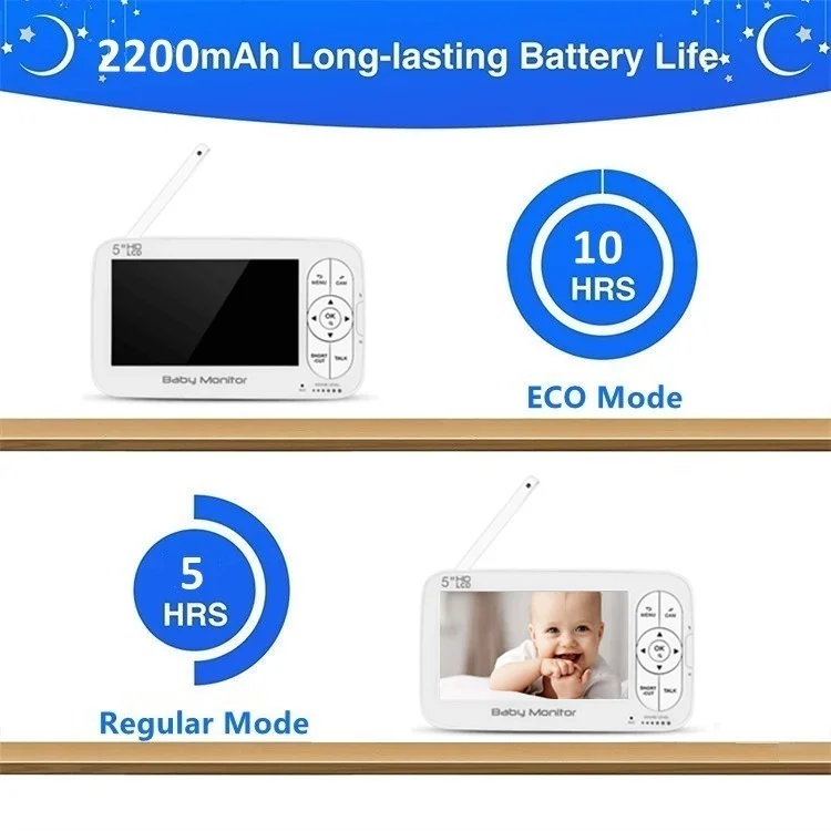 Long Standby VOX Mode Room Temperature Baby Phone Camera PTZ 5 inch LCD Inteligente Wireless Video Monitor Camera Para Bebes